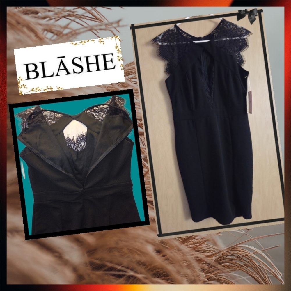 🖤 Blashe Black Lace Cap Sleeve Sheath Dress | Size Large | Elegant LBD